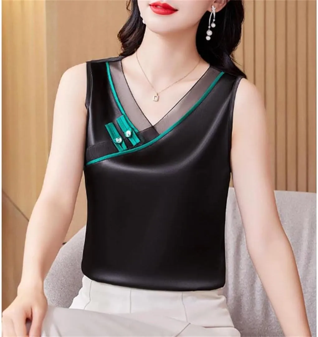 Women Spring Summer Silk Stain Tank Tops Retro V Neck Patchwork Vest Shirt Chinese Style Sleeveless Camisole