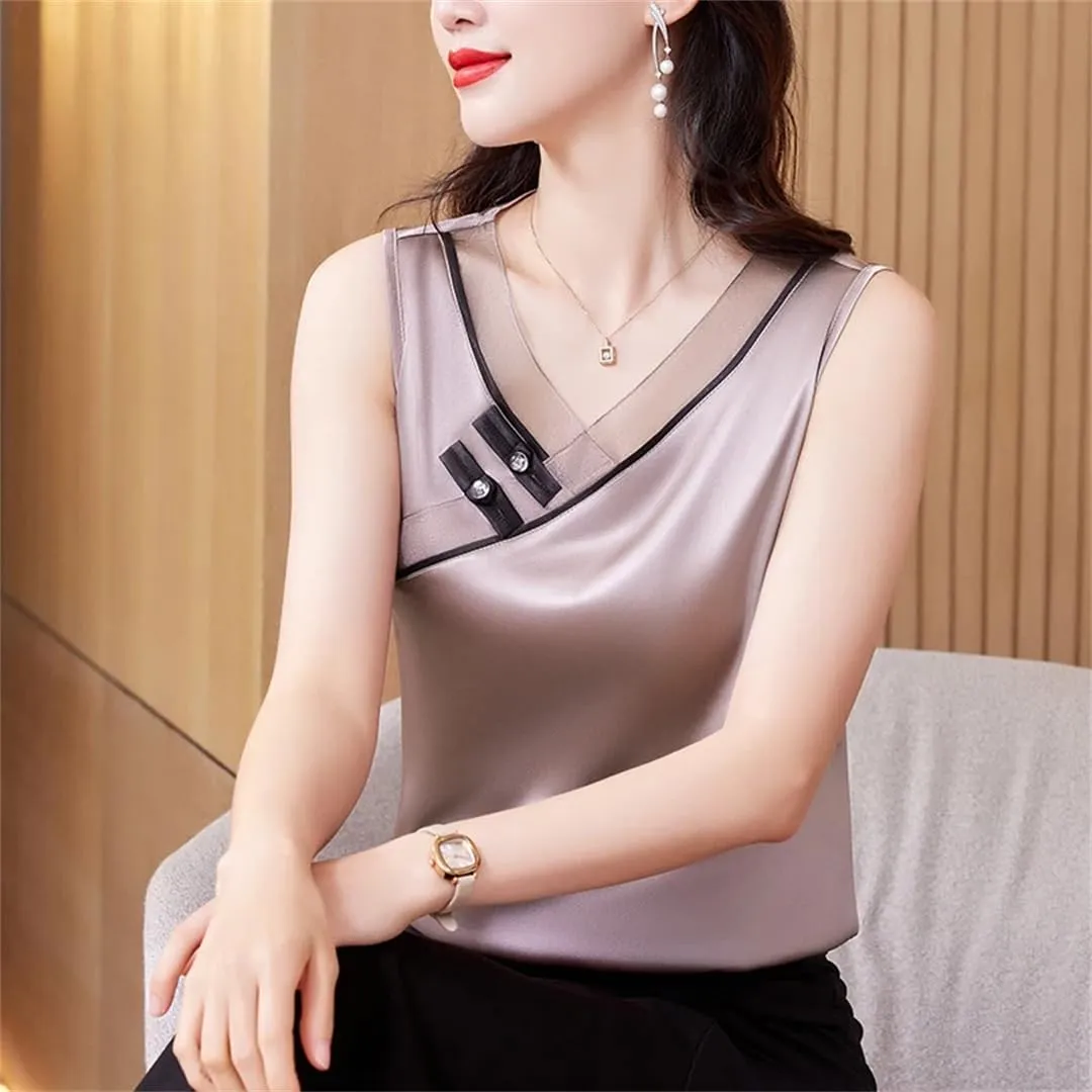 Women Spring Summer Silk Stain Tank Tops Retro V Neck Patchwork Vest Shirt Chinese Style Sleeveless Camisole