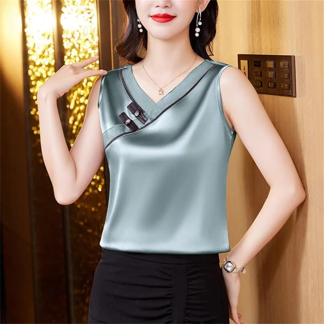 Women Spring Summer Silk Stain Tank Tops Retro V Neck Patchwork Vest Shirt Chinese Style Sleeveless Camisole