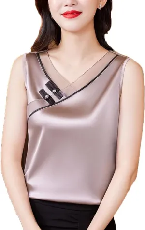 Women Spring Summer Silk Stain Tank Tops Retro V Neck Patchwork Vest Shirt Chinese Style Sleeveless Camisole