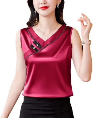 Women Spring Summer Silk Stain Tank Tops Retro V Neck Patchwork Vest Shirt Chinese Style Sleeveless Camisole