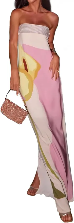 Women Strapless Floral Maxi Dress Y2k Backless Long Dress Off Shoulder Cocktail Party Tube Dress