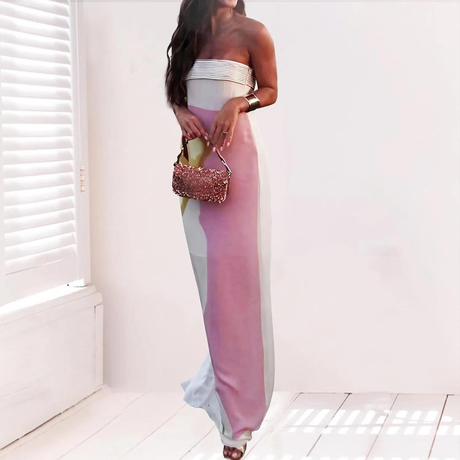 Women Strapless Floral Maxi Dress Y2k Backless Long Dress Off Shoulder Cocktail Party Tube Dress