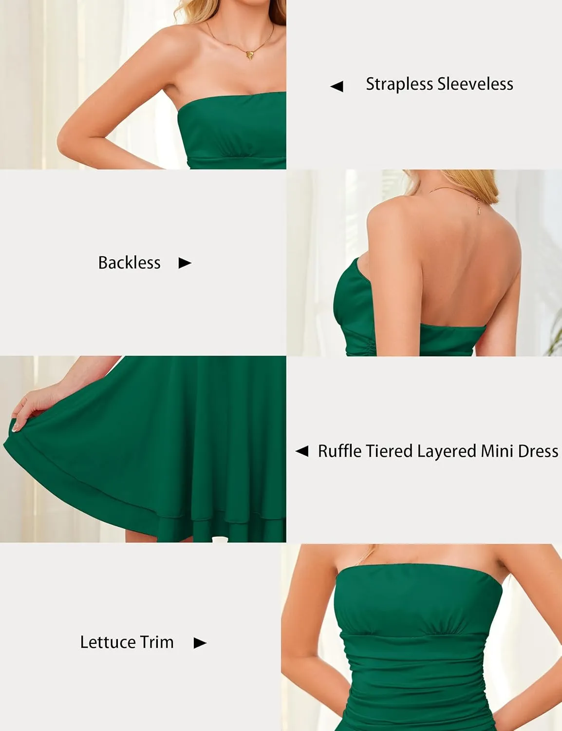 Women Strapless Ruched Waisted Tube Mini Dress Tiered Ruffled Hem Solid Slim Sexy Flowy Tube Short Dresses