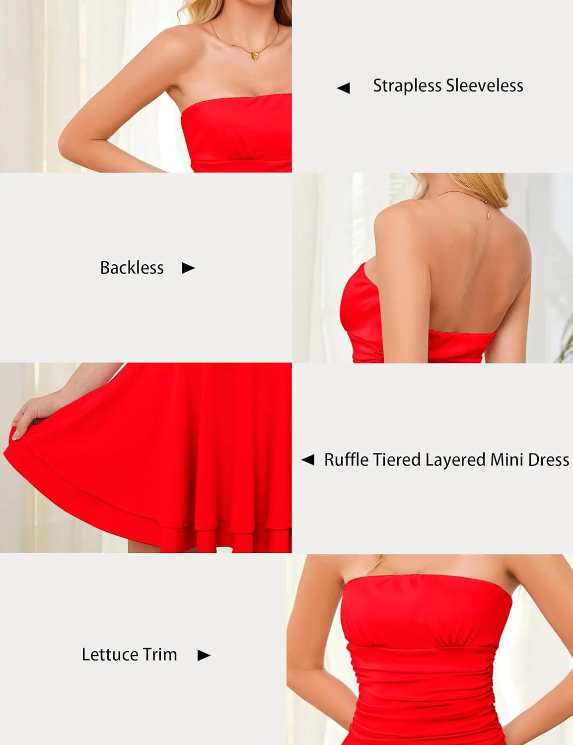 Women Strapless Ruched Waisted Tube Mini Dress Tiered Ruffled Hem Solid Slim Sexy Flowy Tube Short Dresses
