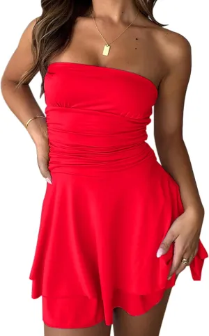Women Strapless Ruched Waisted Tube Mini Dress Tiered Ruffled Hem Solid Slim Sexy Flowy Tube Short Dresses