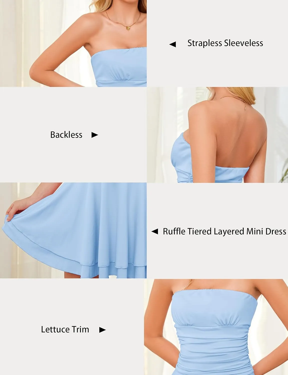 Women Strapless Ruched Waisted Tube Mini Dress Tiered Ruffled Hem Solid Slim Sexy Flowy Tube Short Dresses