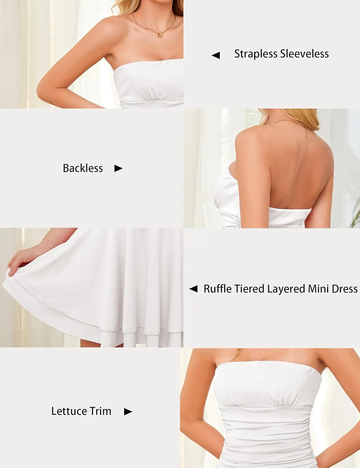Women Strapless Ruched Waisted Tube Mini Dress Tiered Ruffled Hem Solid Slim Sexy Flowy Tube Short Dresses