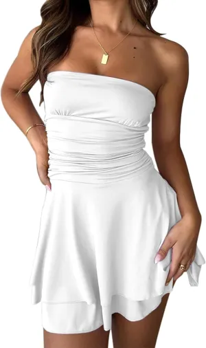 Women Strapless Ruched Waisted Tube Mini Dress Tiered Ruffled Hem Solid Slim Sexy Flowy Tube Short Dresses