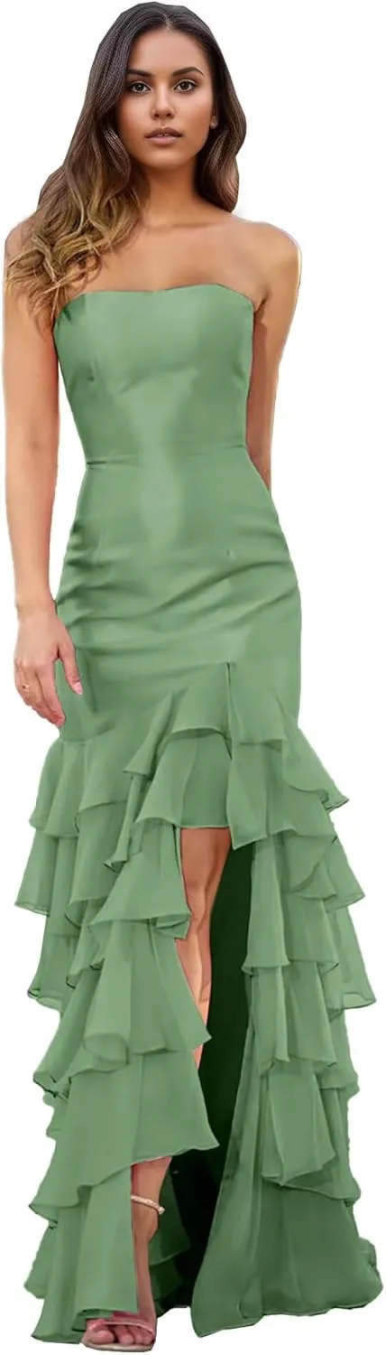 Women Strapless Tiered Mermaid Prom Dress Ruffles Chiffon Sweetheart Formal Evening Party Gowns 2025 DR0748