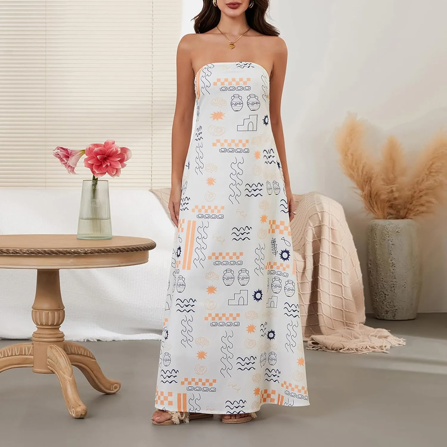Women Strapless Tube Maxi Dress Y2k Sexy A Line Floral Long Dress Summer Beach Sundress Boho Dress