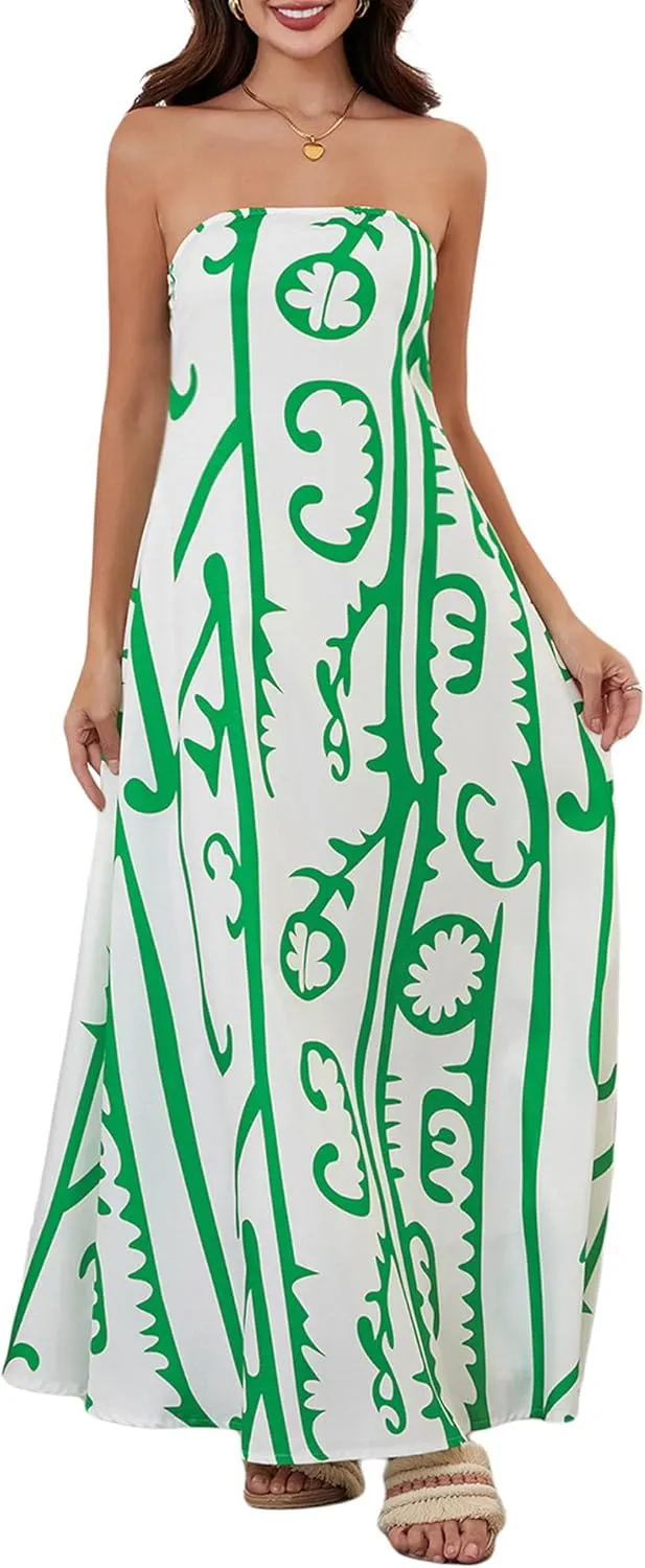 Women Strapless Tube Maxi Dress Y2k Sexy A Line Floral Long Dress Summer Beach Sundress Boho Dress