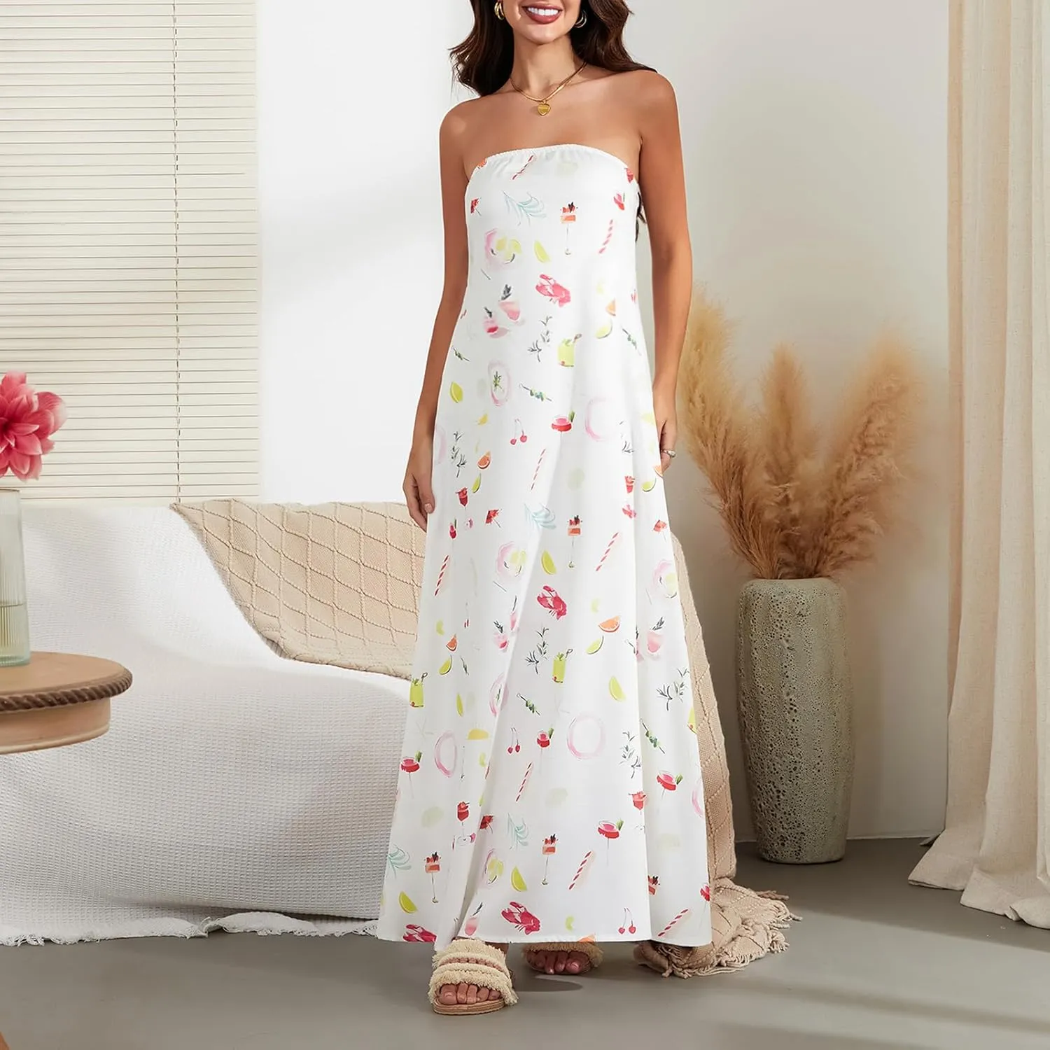 Women Strapless Tube Maxi Dress Y2k Sexy A Line Floral Long Dress Summer Beach Sundress Boho Dress