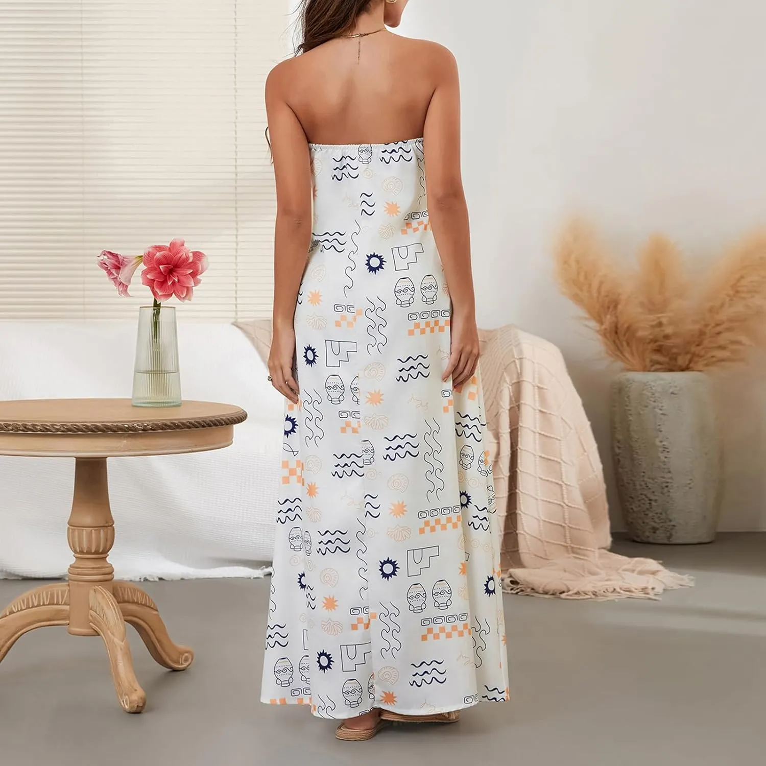 Women Strapless Tube Maxi Dress Y2k Sexy A Line Floral Long Dress Summer Beach Sundress Boho Dress