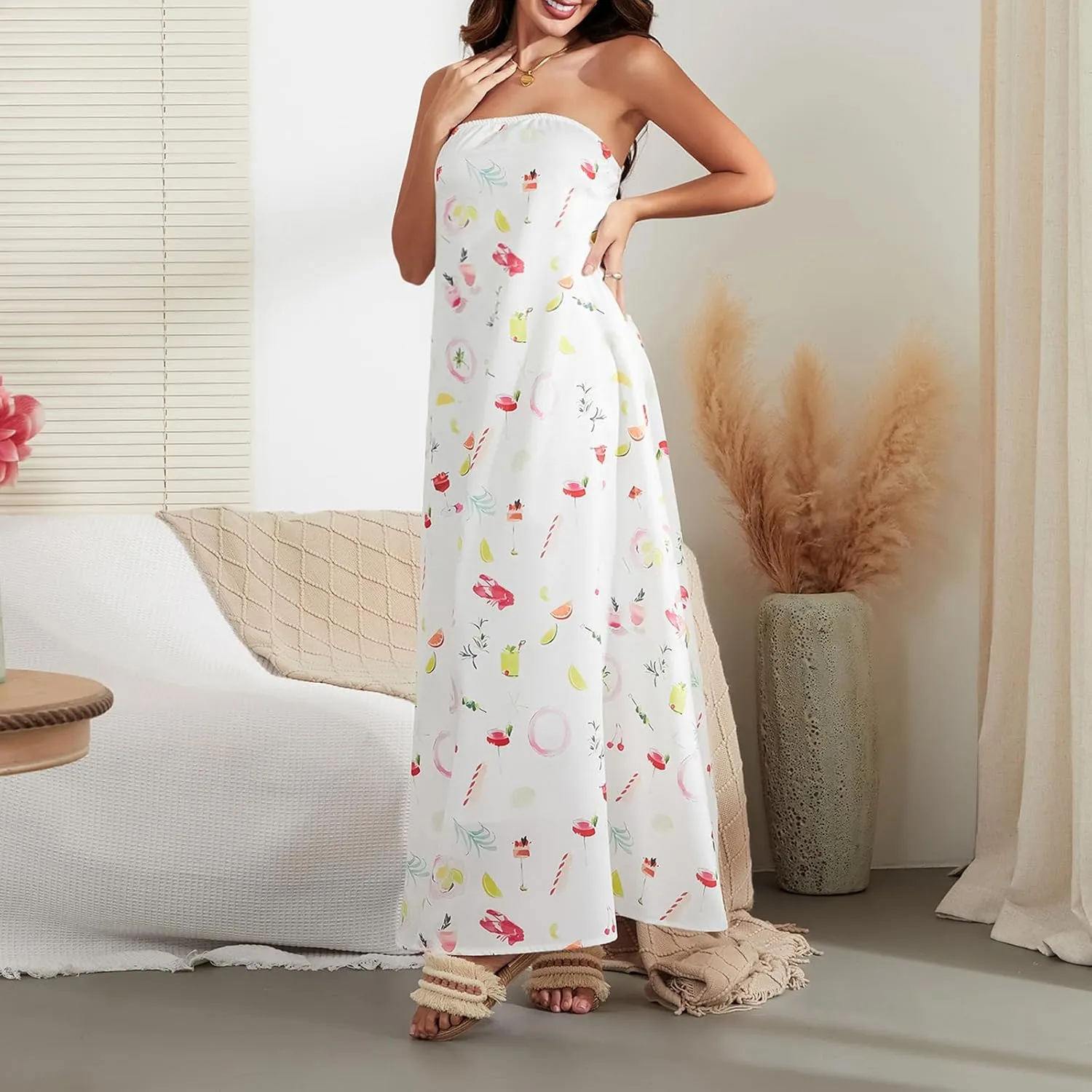 Women Strapless Tube Maxi Dress Y2k Sexy A Line Floral Long Dress Summer Beach Sundress Boho Dress