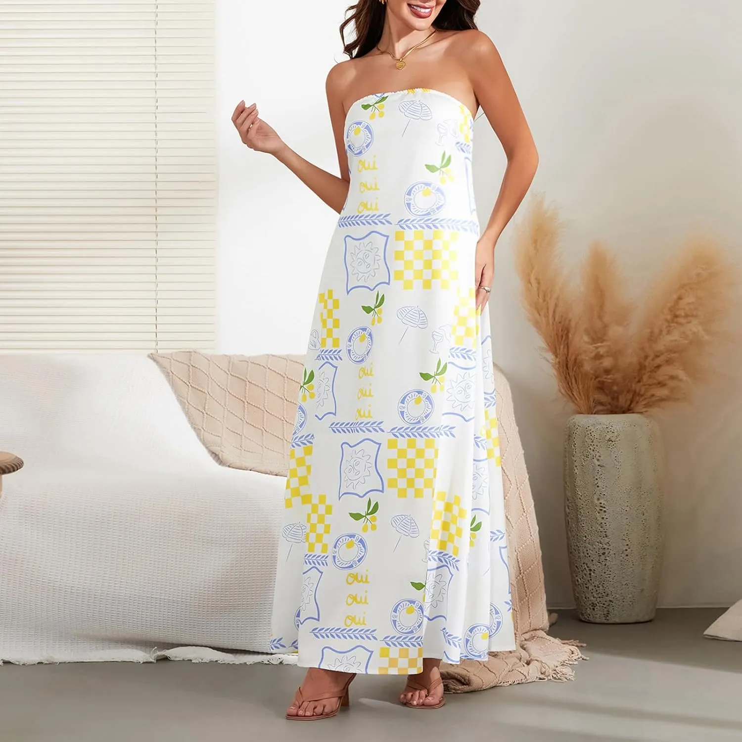 Women Strapless Tube Maxi Dress Y2k Sexy A Line Floral Long Dress Summer Beach Sundress Boho Dress