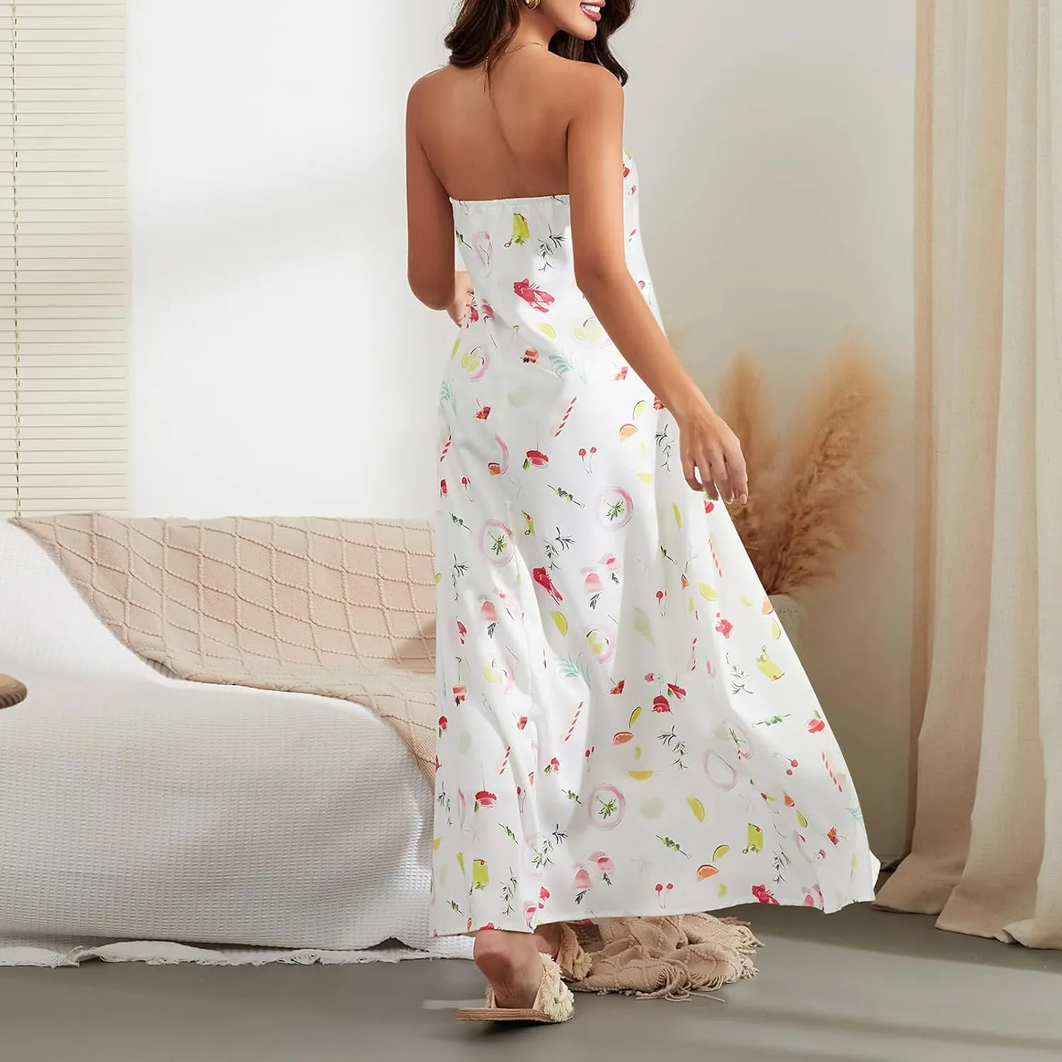 Women Strapless Tube Maxi Dress Y2k Sexy A Line Floral Long Dress Summer Beach Sundress Boho Dress