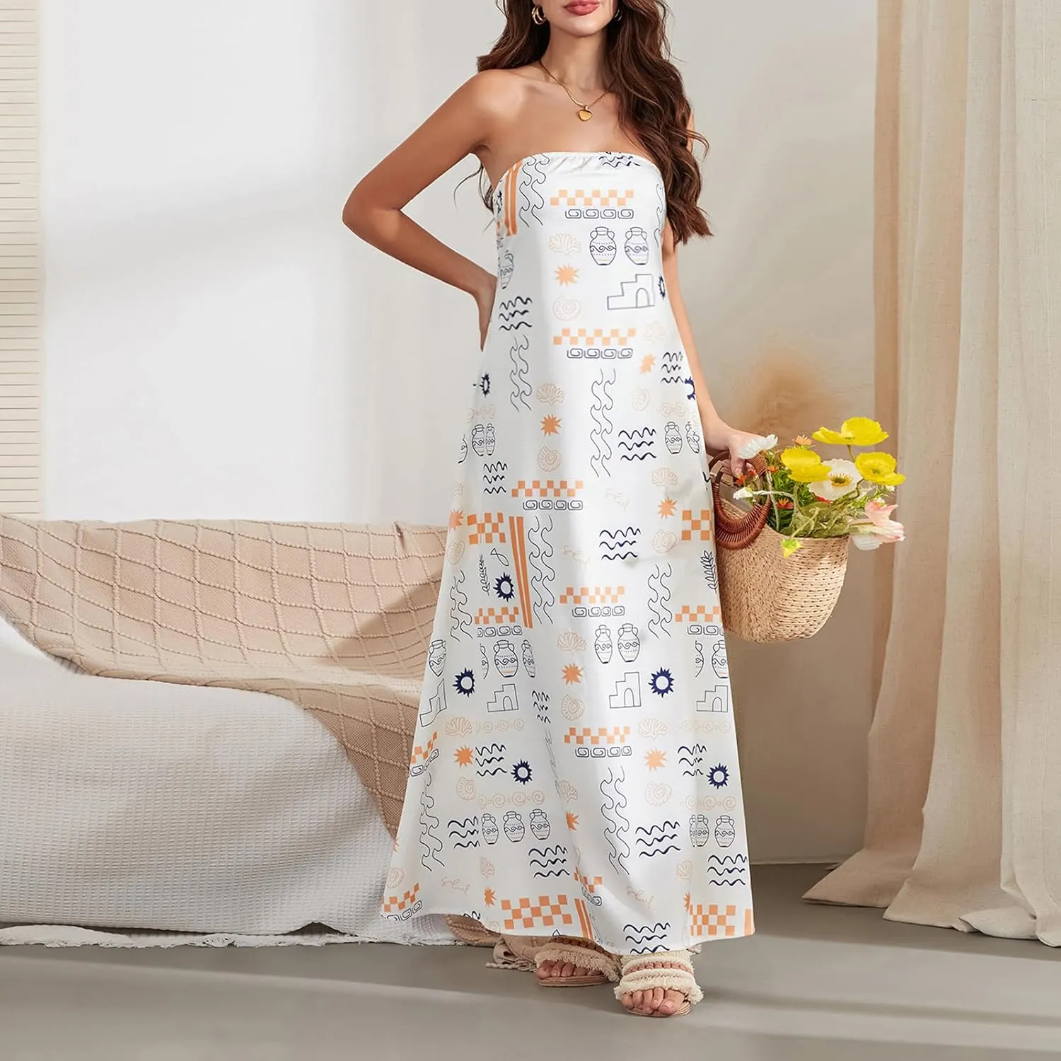 Women Strapless Tube Maxi Dress Y2k Sexy A Line Floral Long Dress Summer Beach Sundress Boho Dress