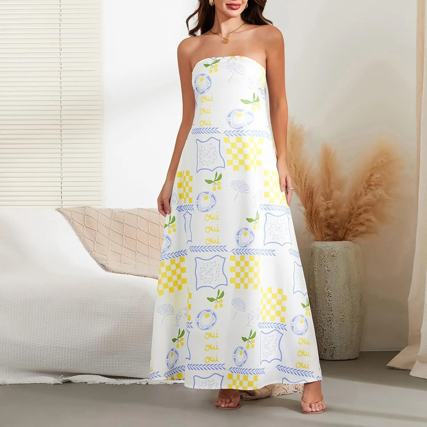 Women Strapless Tube Maxi Dress Y2k Sexy A Line Floral Long Dress Summer Beach Sundress Boho Dress