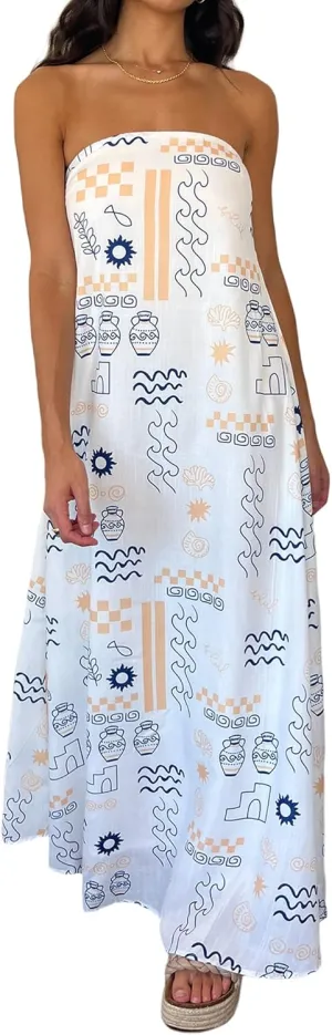 Women Strapless Tube Maxi Dress Y2k Sexy A Line Floral Long Dress Summer Beach Sundress Boho Dress