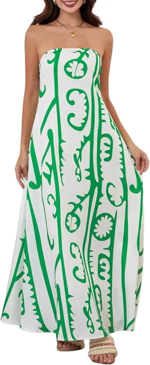 Women Strapless Tube Maxi Dress Y2k Sexy A Line Floral Long Dress Summer Beach Sundress Boho Dress