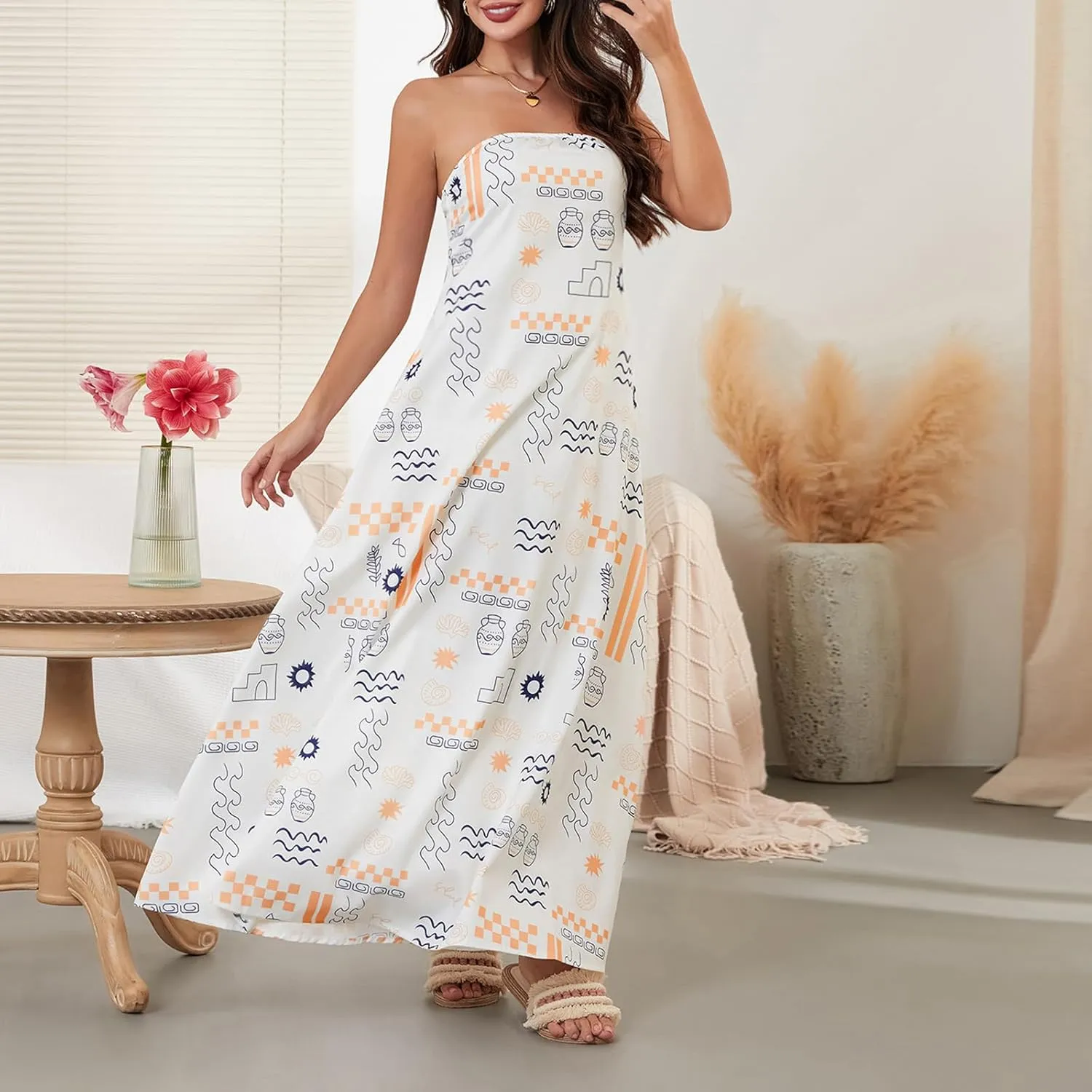 Women Strapless Tube Maxi Dress Y2k Sexy A Line Floral Long Dress Summer Beach Sundress Boho Dress