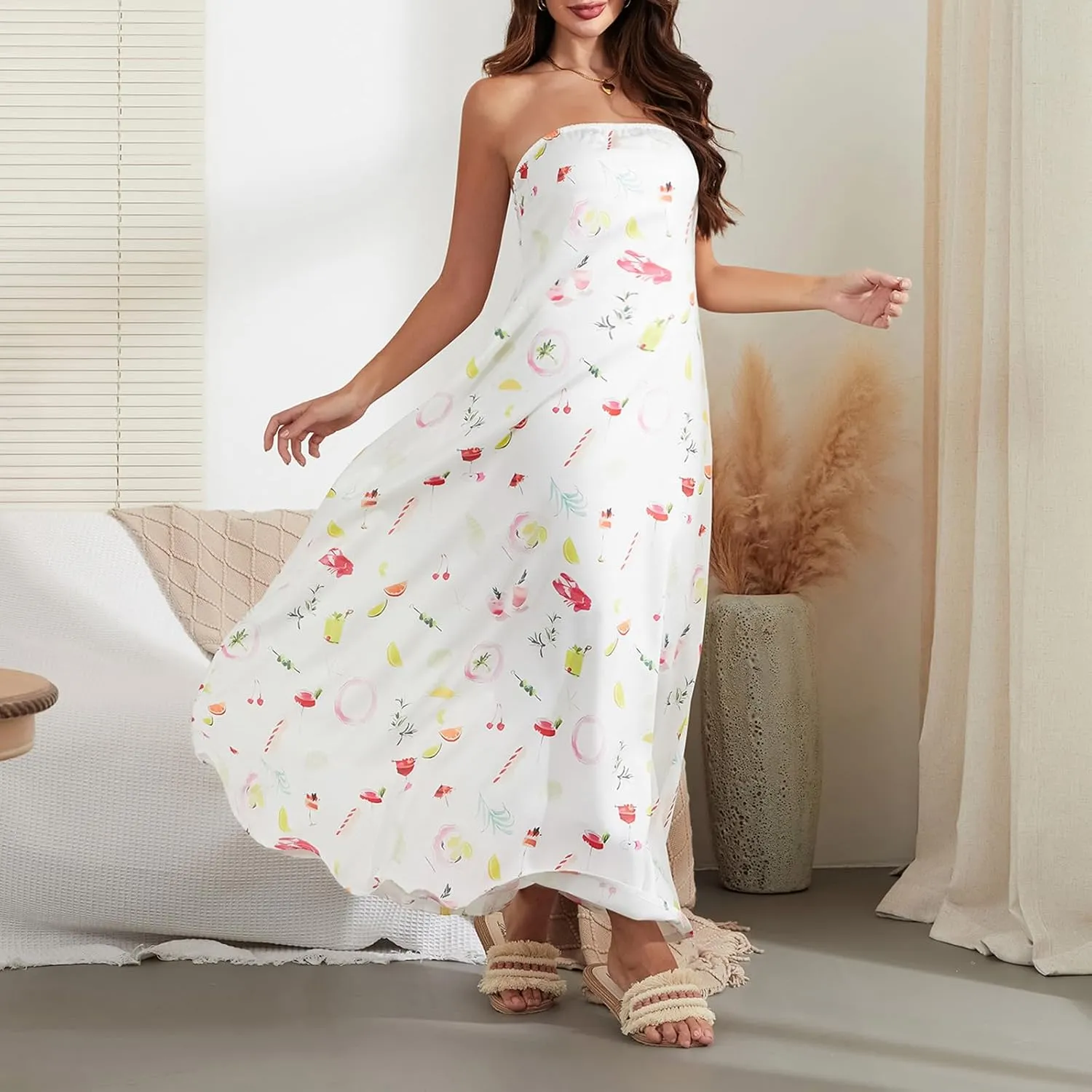 Women Strapless Tube Maxi Dress Y2k Sexy A Line Floral Long Dress Summer Beach Sundress Boho Dress