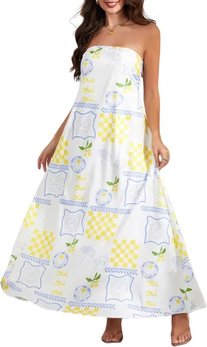 Women Strapless Tube Maxi Dress Y2k Sexy A Line Floral Long Dress Summer Beach Sundress Boho Dress