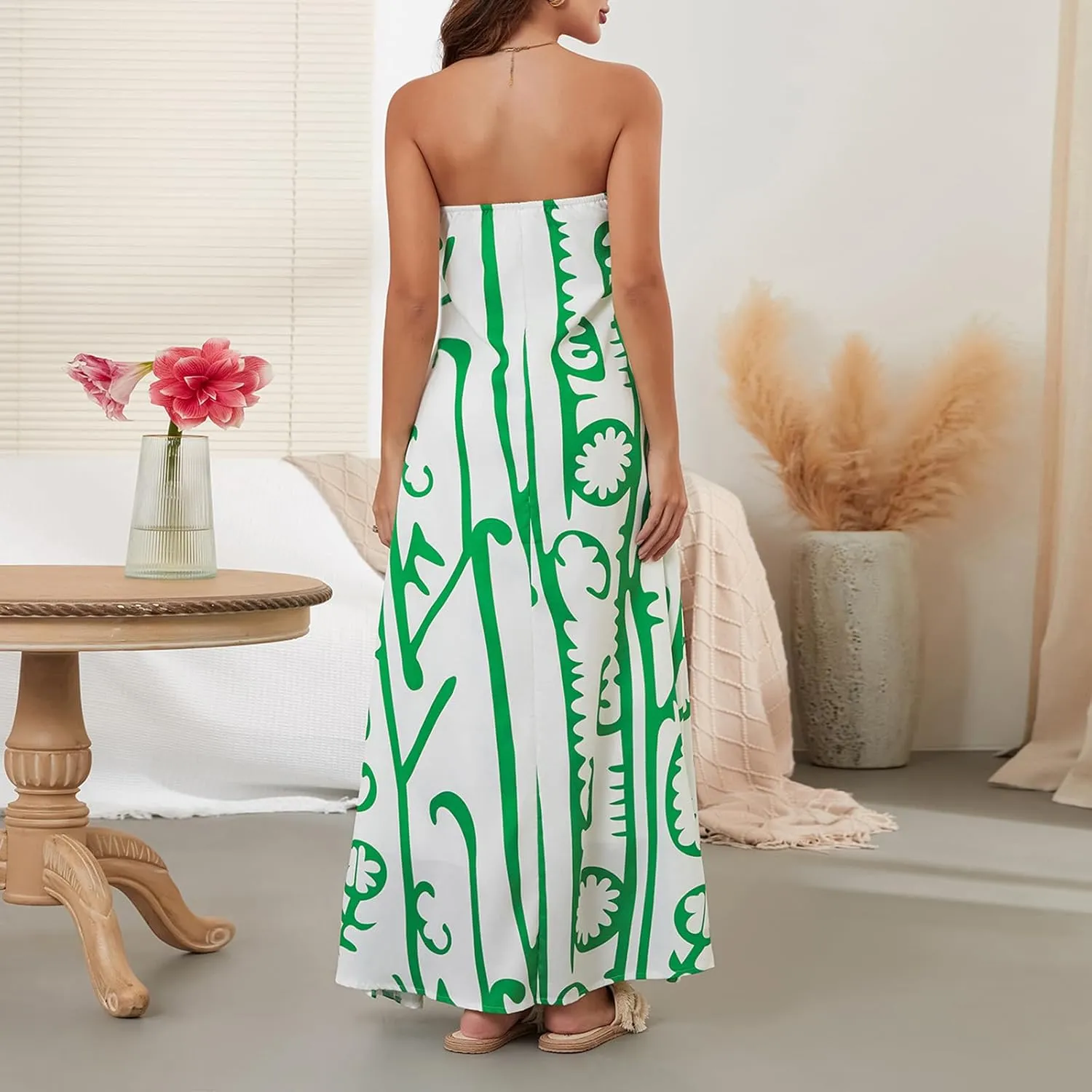 Women Strapless Tube Maxi Dress Y2k Sexy A Line Floral Long Dress Summer Beach Sundress Boho Dress