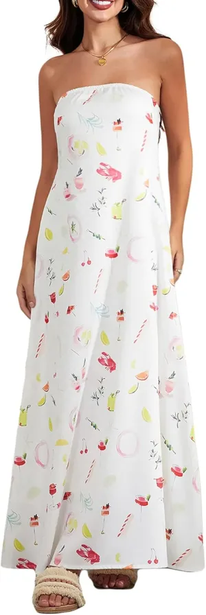 Women Strapless Tube Maxi Dress Y2k Sexy A Line Floral Long Dress Summer Beach Sundress Boho Dress