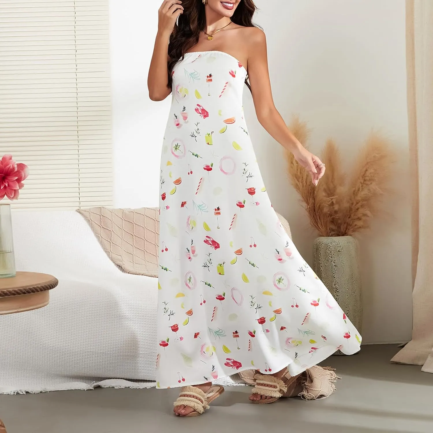 Women Strapless Tube Maxi Dress Y2k Sexy A Line Floral Long Dress Summer Beach Sundress Boho Dress