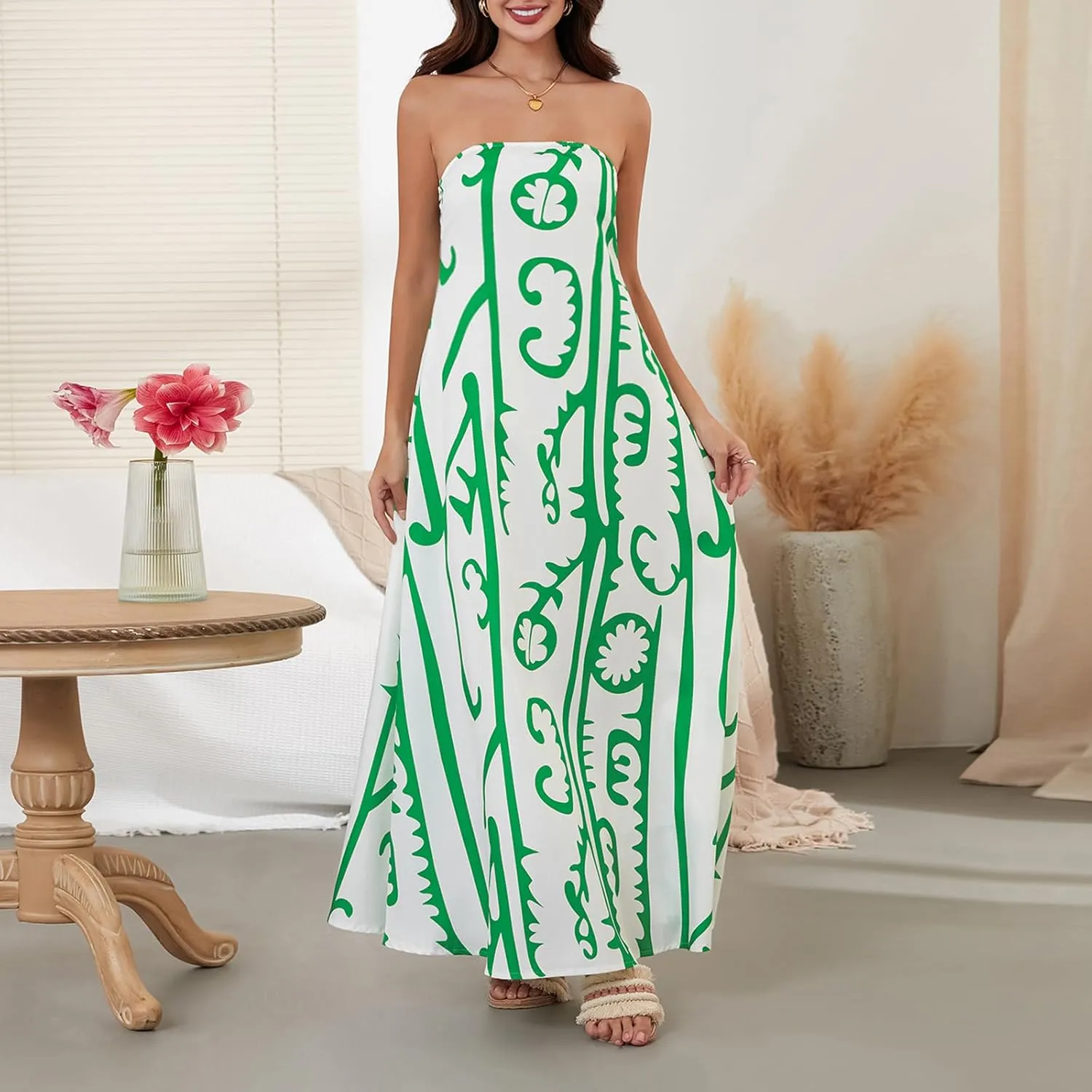 Women Strapless Tube Maxi Dress Y2k Sexy A Line Floral Long Dress Summer Beach Sundress Boho Dress