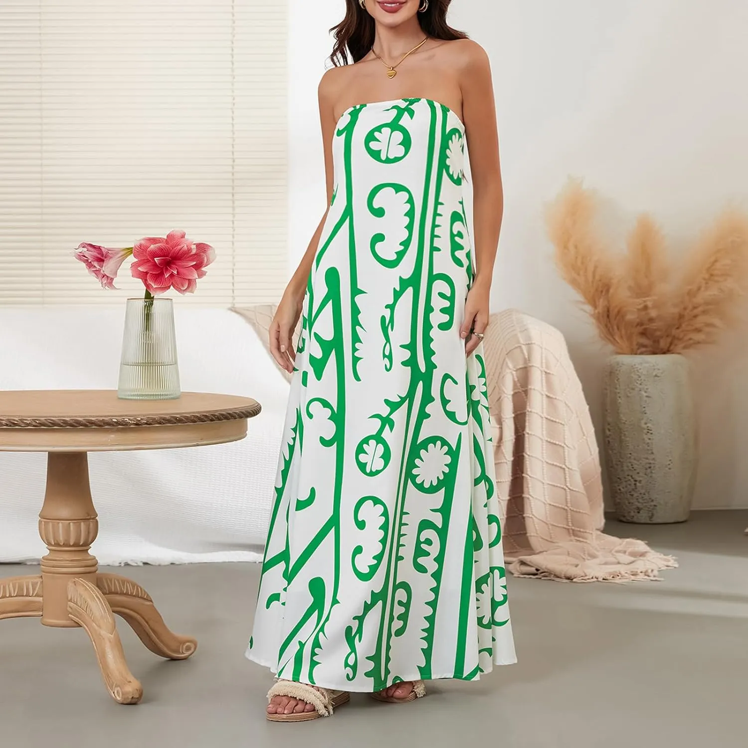 Women Strapless Tube Maxi Dress Y2k Sexy A Line Floral Long Dress Summer Beach Sundress Boho Dress