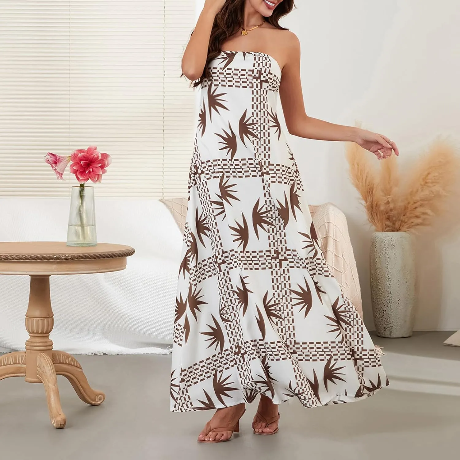 Women Strapless Tube Maxi Dress Y2k Sexy A Line Floral Long Dress Summer Beach Sundress Boho Dress