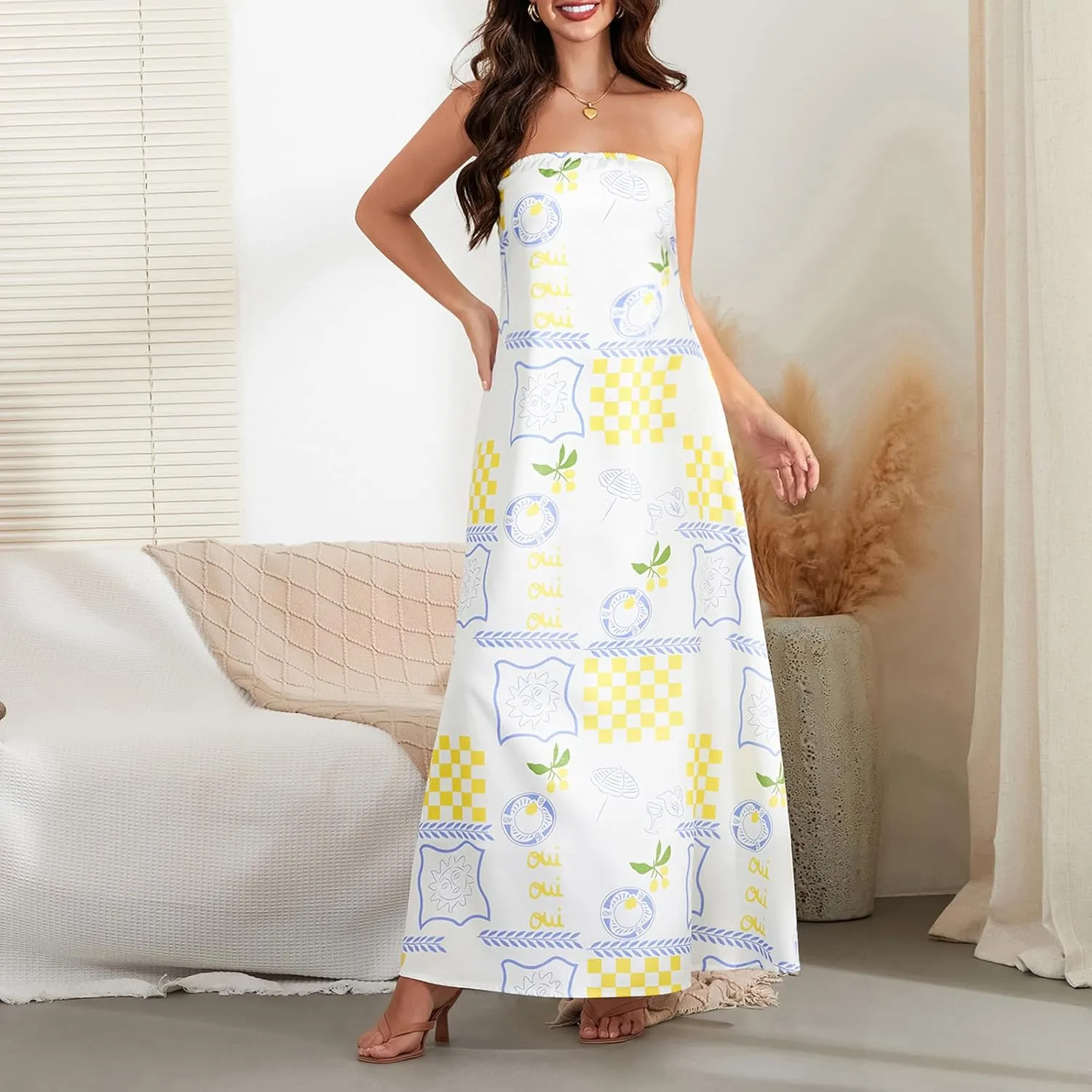 Women Strapless Tube Maxi Dress Y2k Sexy A Line Floral Long Dress Summer Beach Sundress Boho Dress