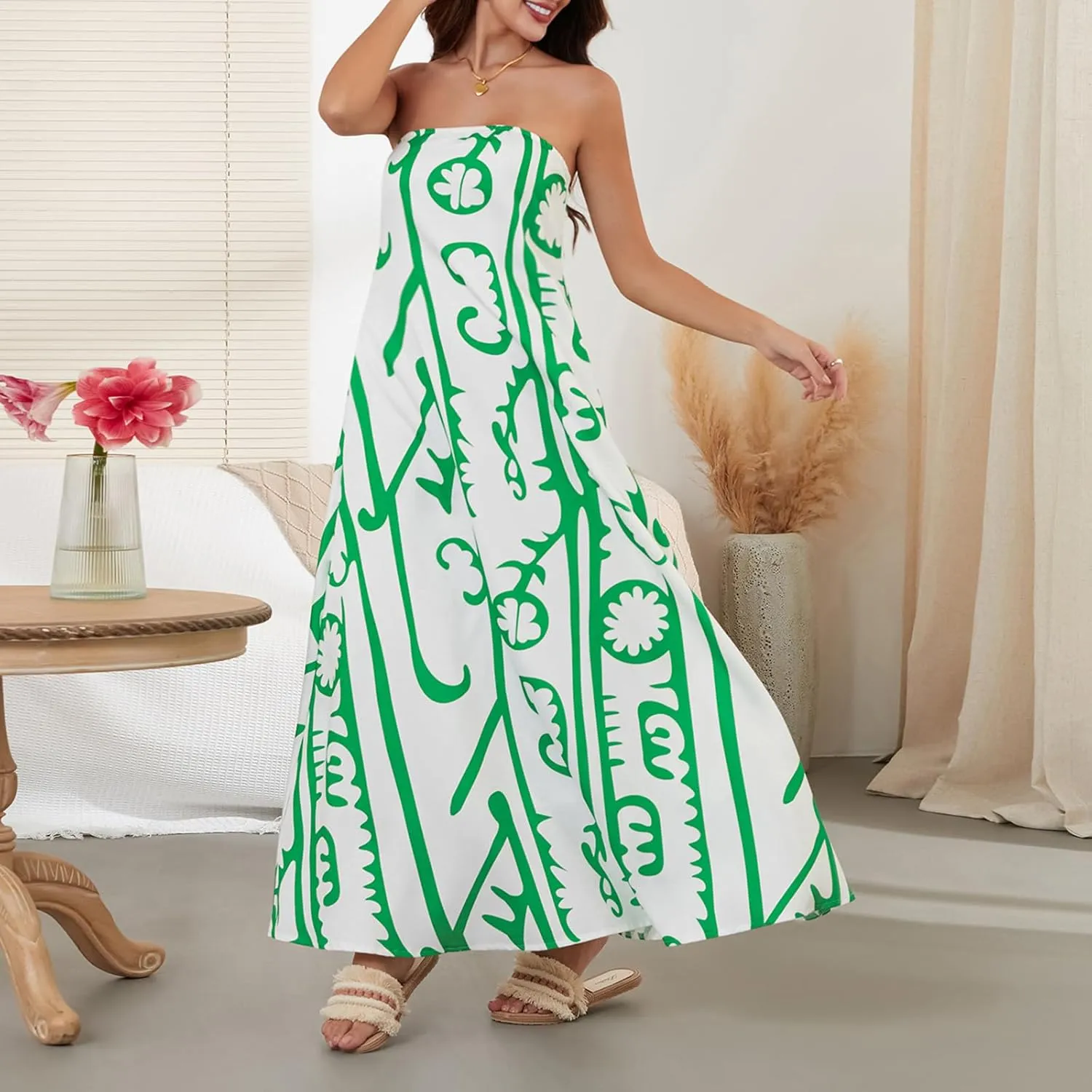 Women Strapless Tube Maxi Dress Y2k Sexy A Line Floral Long Dress Summer Beach Sundress Boho Dress