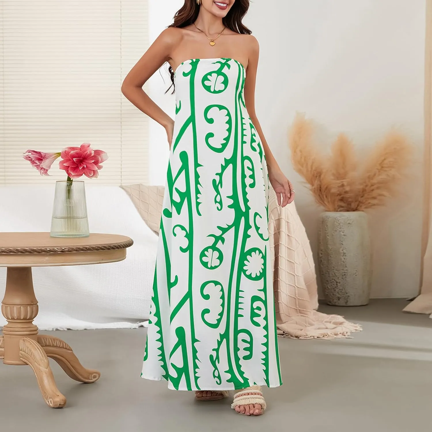 Women Strapless Tube Maxi Dress Y2k Sexy A Line Floral Long Dress Summer Beach Sundress Boho Dress