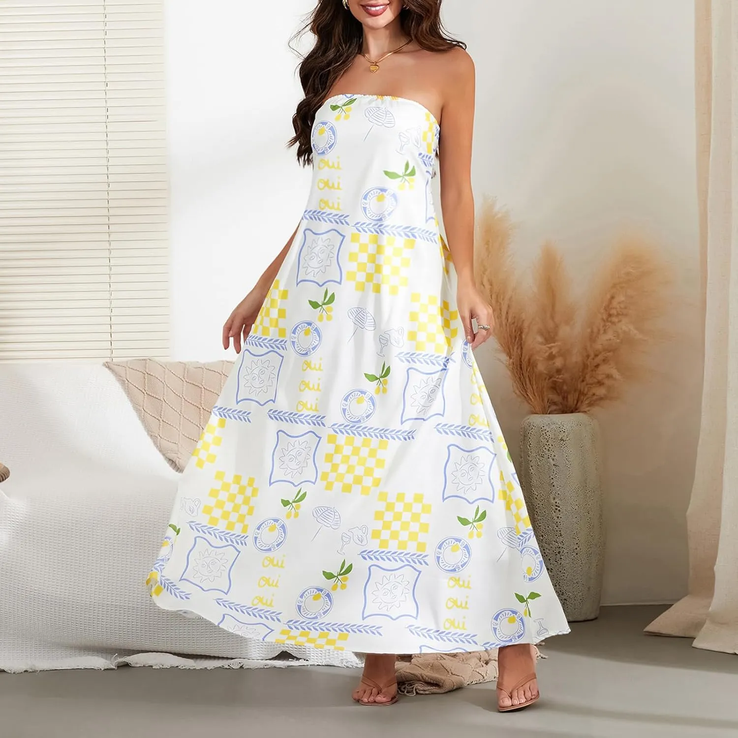 Women Strapless Tube Maxi Dress Y2k Sexy A Line Floral Long Dress Summer Beach Sundress Boho Dress