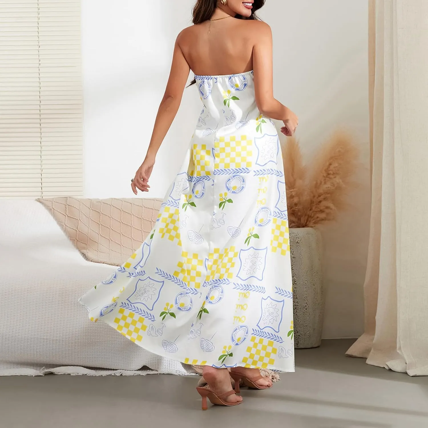 Women Strapless Tube Maxi Dress Y2k Sexy A Line Floral Long Dress Summer Beach Sundress Boho Dress