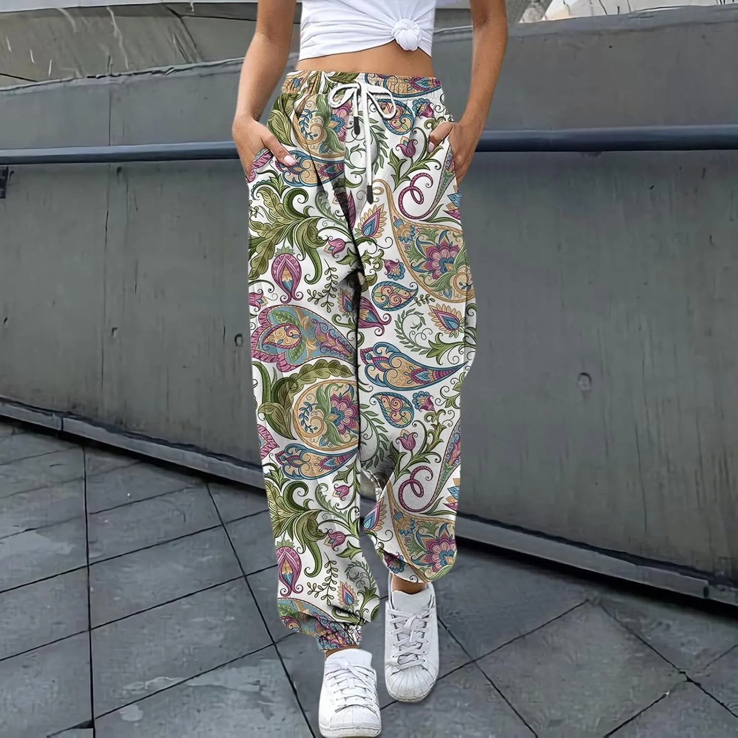 Women Stretch Trousers Women's Sweatpants Elastic Drawstring High Waist Artistic Patterns Super Soft Active Trousers