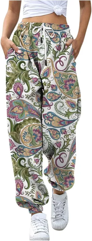 Women Stretch Trousers Women's Sweatpants Elastic Drawstring High Waist Artistic Patterns Super Soft Active Trousers