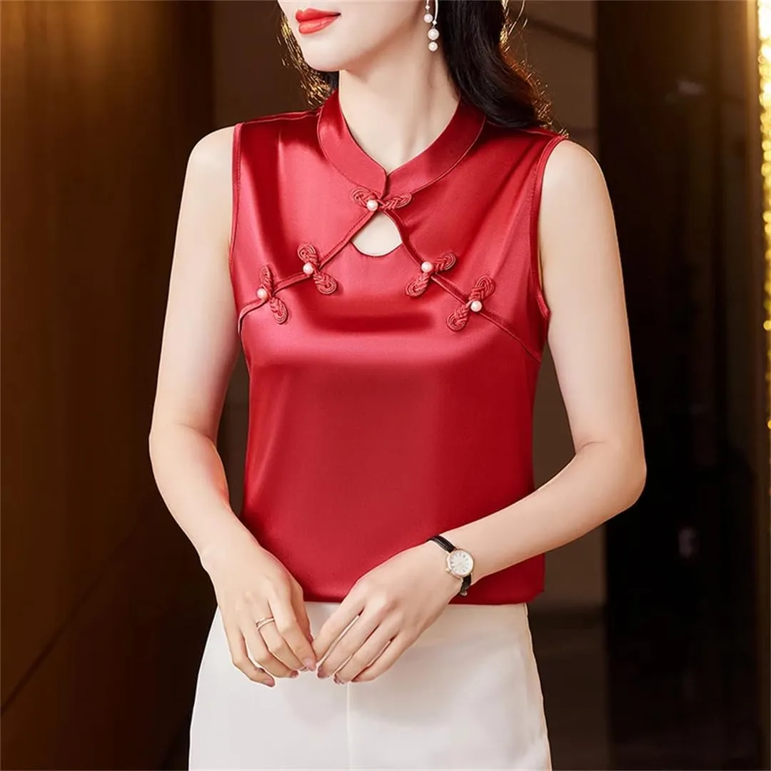 Women Summer Camisole Vest Korean Fashion Silk Satin Tank Tops Sleeveless Hollow Out Shirt