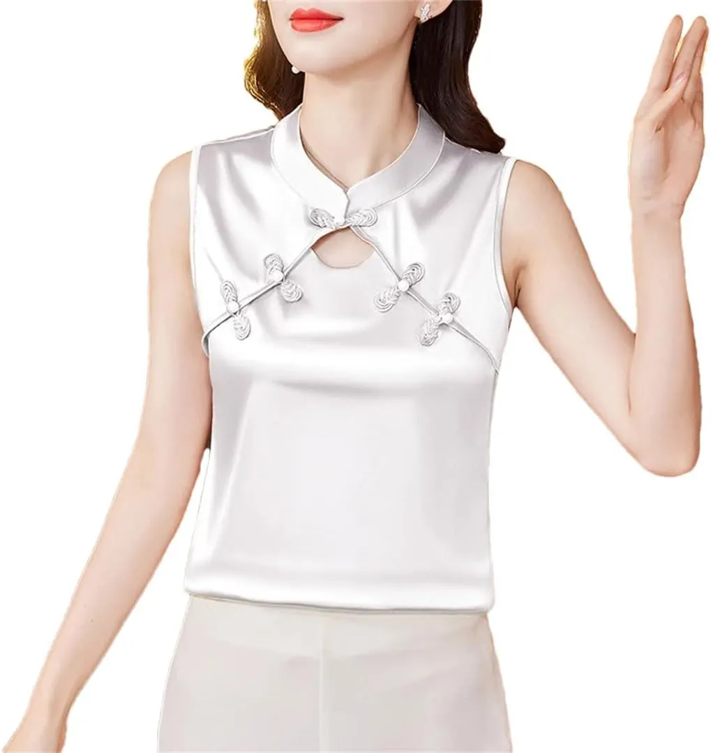 Women Summer Camisole Vest Korean Fashion Silk Satin Tank Tops Sleeveless Hollow Out Shirt