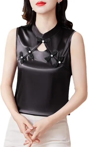 Women Summer Camisole Vest Korean Fashion Silk Satin Tank Tops Sleeveless Hollow Out Shirt