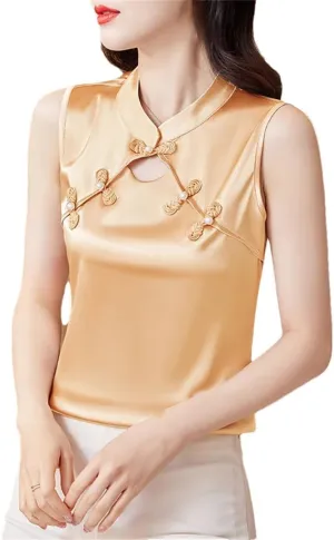 Women Summer Camisole Vest Korean Fashion Silk Satin Tank Tops Sleeveless Hollow Out Shirt