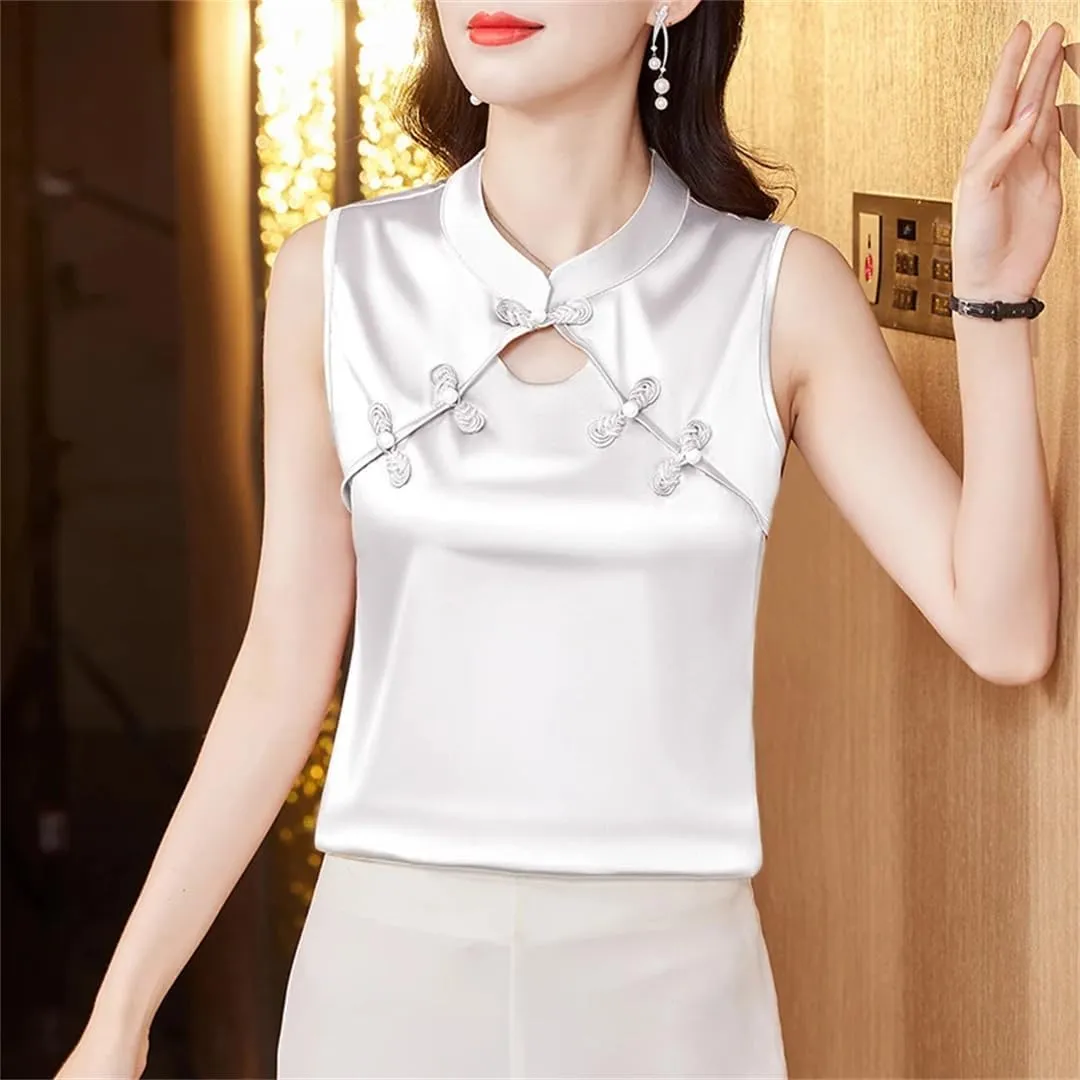 Women Summer Camisole Vest Korean Fashion Silk Satin Tank Tops Sleeveless Hollow Out Shirt