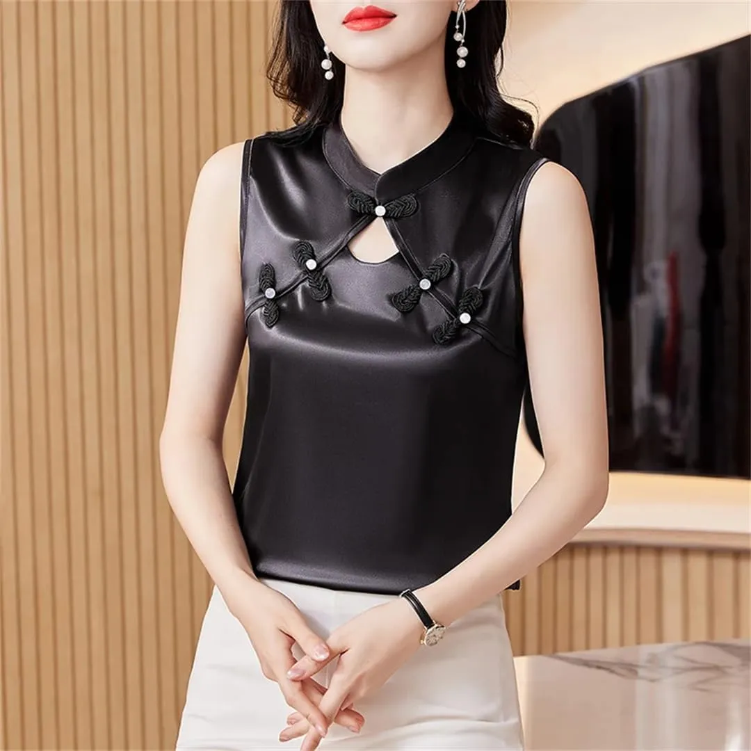Women Summer Camisole Vest Korean Fashion Silk Satin Tank Tops Sleeveless Hollow Out Shirt