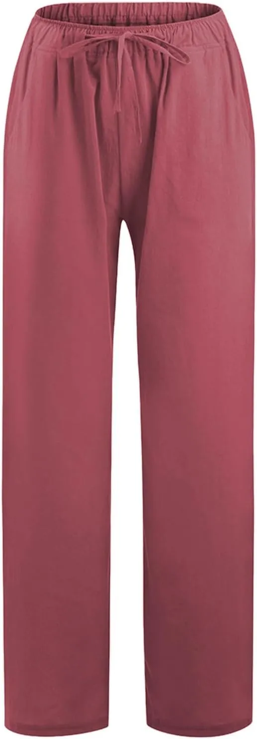 Women Summer Casual Drawstring Waist Cotton Linen Pants Wide Leg Flowy Beach Palazzo Slacks Soft Lightweight Trousers