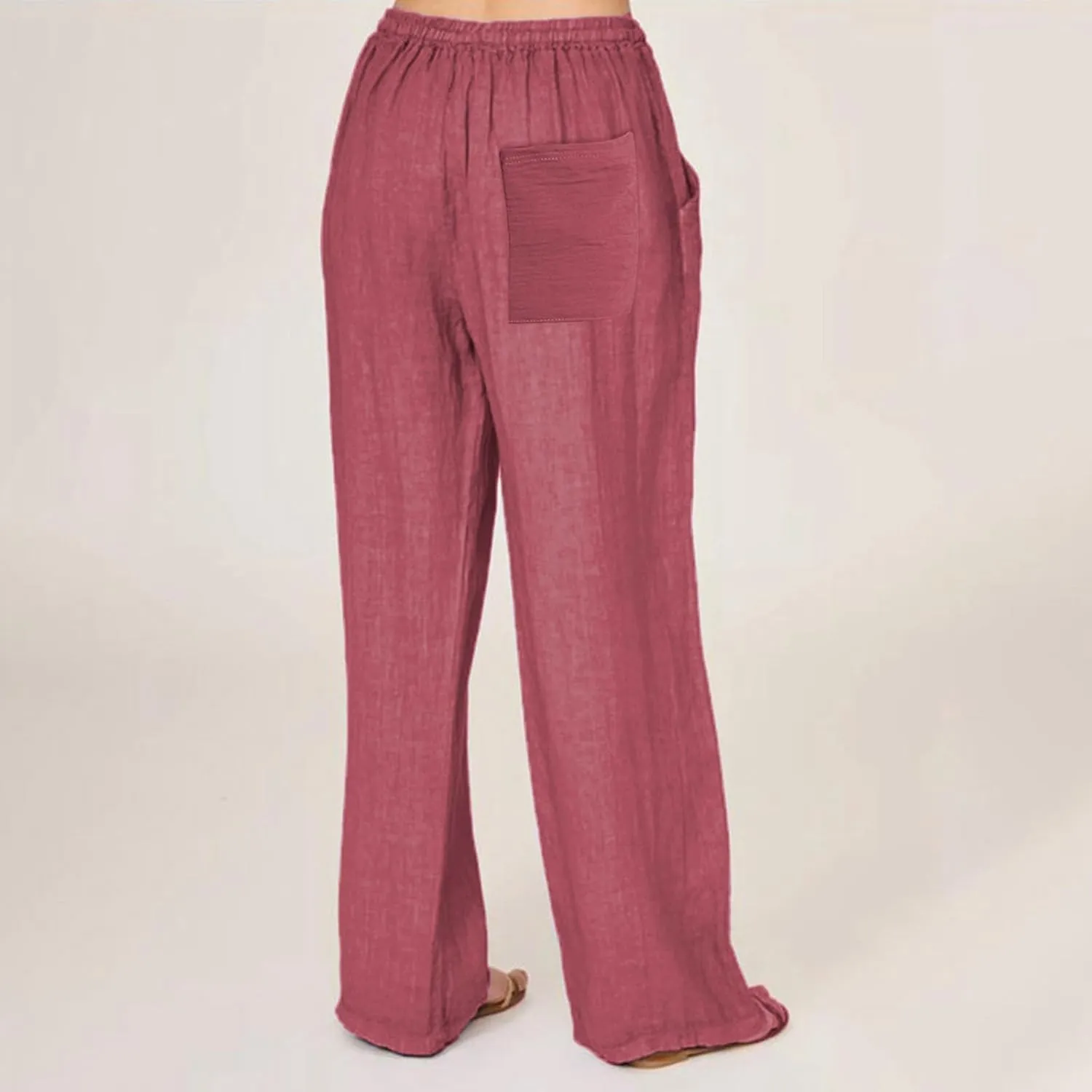 Women Summer Casual Drawstring Waist Cotton Linen Pants Wide Leg Flowy Beach Palazzo Slacks Soft Lightweight Trousers