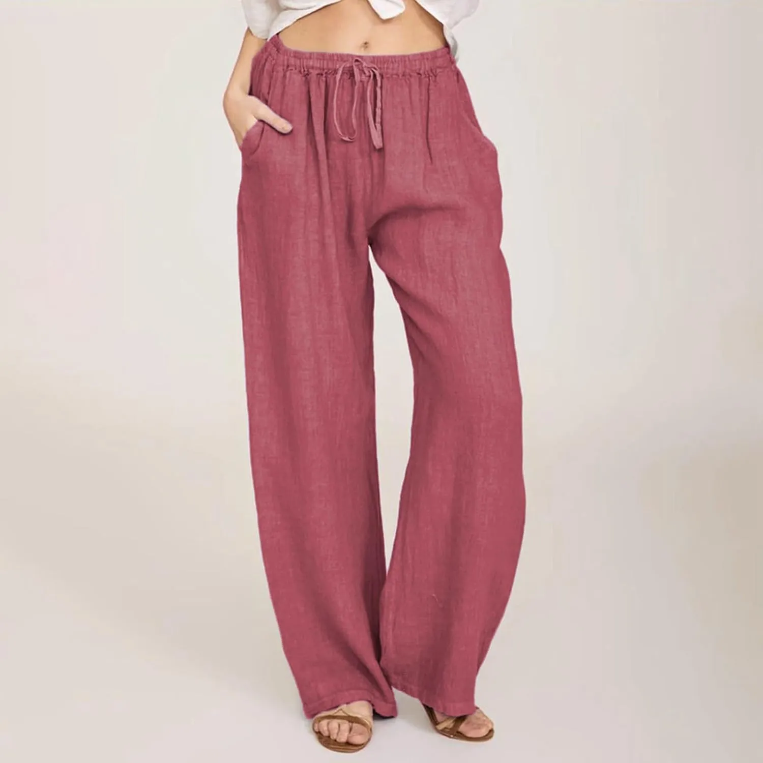 Women Summer Casual Drawstring Waist Cotton Linen Pants Wide Leg Flowy Beach Palazzo Slacks Soft Lightweight Trousers